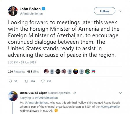 Con Bolton: "Azərbaycan və Ermənistanın XİN rəhbərləri ilə görüşü səbirsizliklə gözləyirəm"