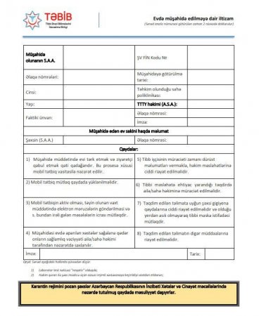 Evdə müalicə olunan koronavirus xəstələri qaydaları pozarsa, məsuliyyətə cəlb olunacaq