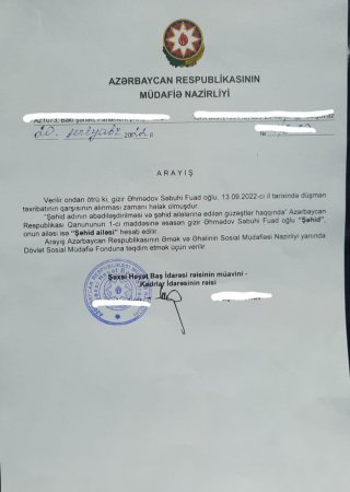 Müdafiə Nazirliyi 9 gün əvvəl şəhid Səbuhi Əhmədovla bağlı arayış verib