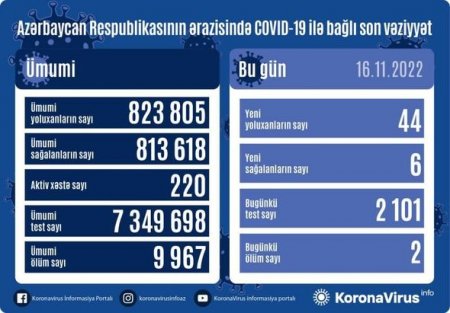 Azərbaycanda daha 44 nəfər COVID-19-a yoluxub,