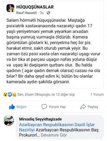 Maştağadakı Psixiatriya Xəstəxanasında yeniyetmə öldürülüb - 