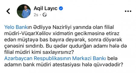 “Yelo Bank”ın filial müdiri müştərinin çənəsini sındırıb - 