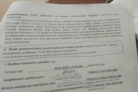 İş vaxtı qolunu itirdi, məzuniyyətdə olan işçini cərimələdilər –