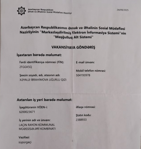 Laçın sakini Məşğulluq Agentliyindən ona ayrılan işin başqasına satıldığını İDDİA EDİR - 