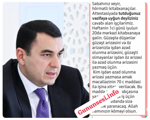 Mədəniyyət Nazirliyi işdən könüllü çıxmaq istəməyən kitabxanaçıları hədələyir