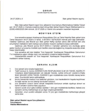 Təhsil İdarəsinin hesablarına həbs qoyulub- 